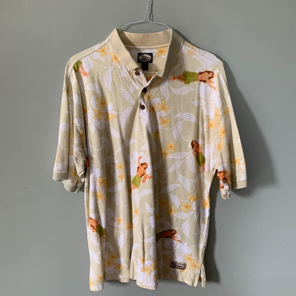 Tommy Bahama Green Large Mens Cotton Polo Hawaiian Hula Woman Print